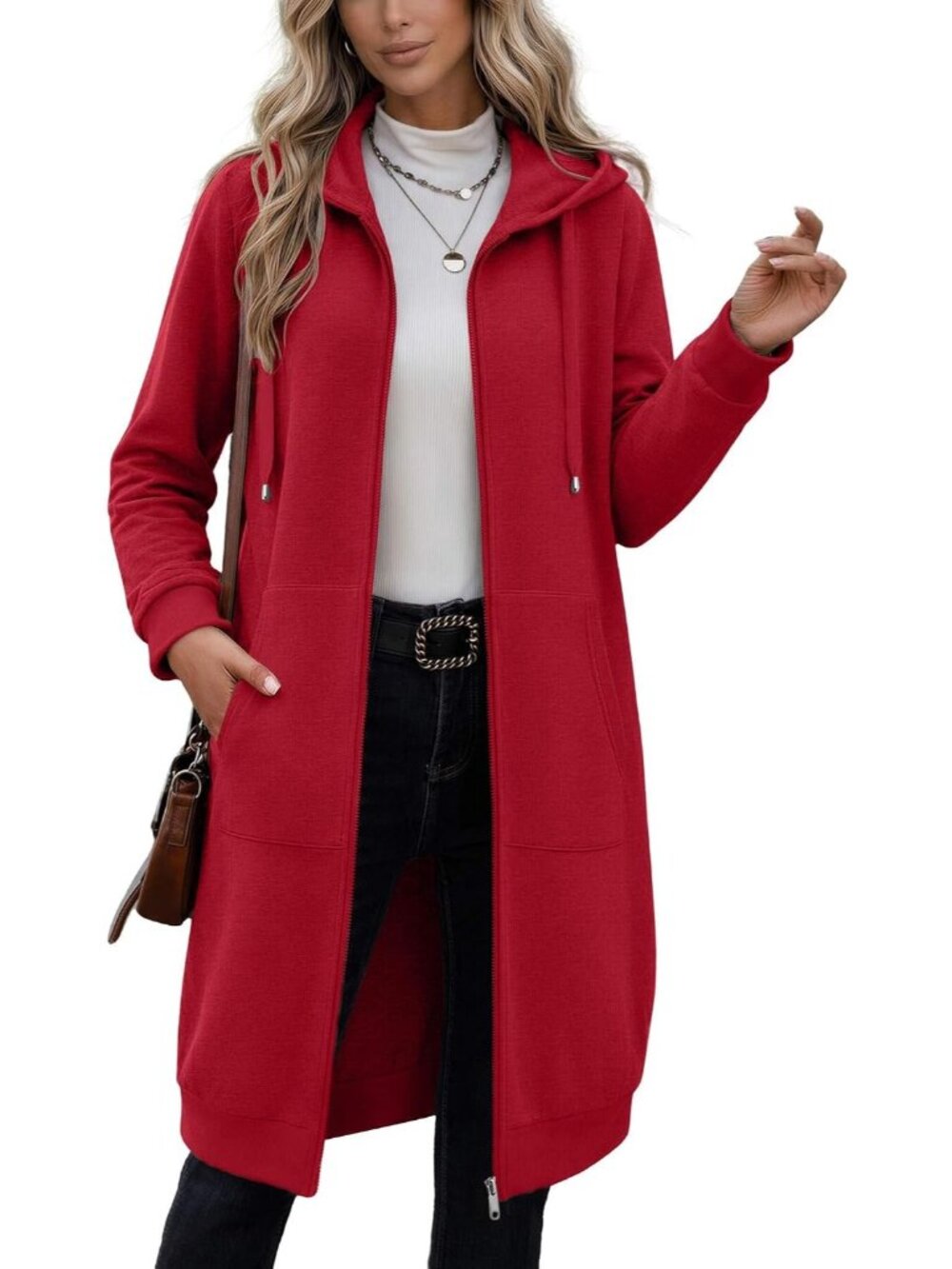 Women's Red Longline Fleece Hoodie Oversized Full Zip Duster Jacket Pockets